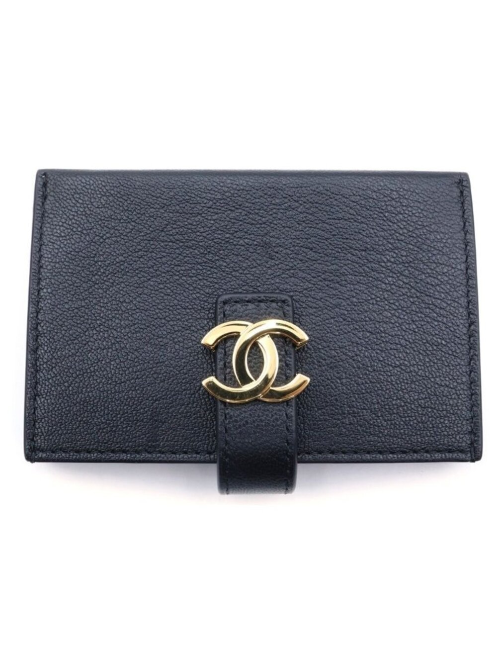 Chanel CC Logo Card Case Business Black Leather Gold